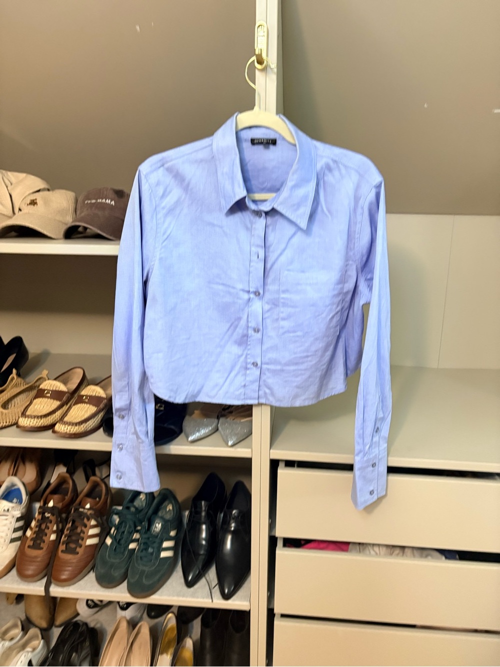 Dynamite Blue Cropped Cotton Button-Down Shirt, M
